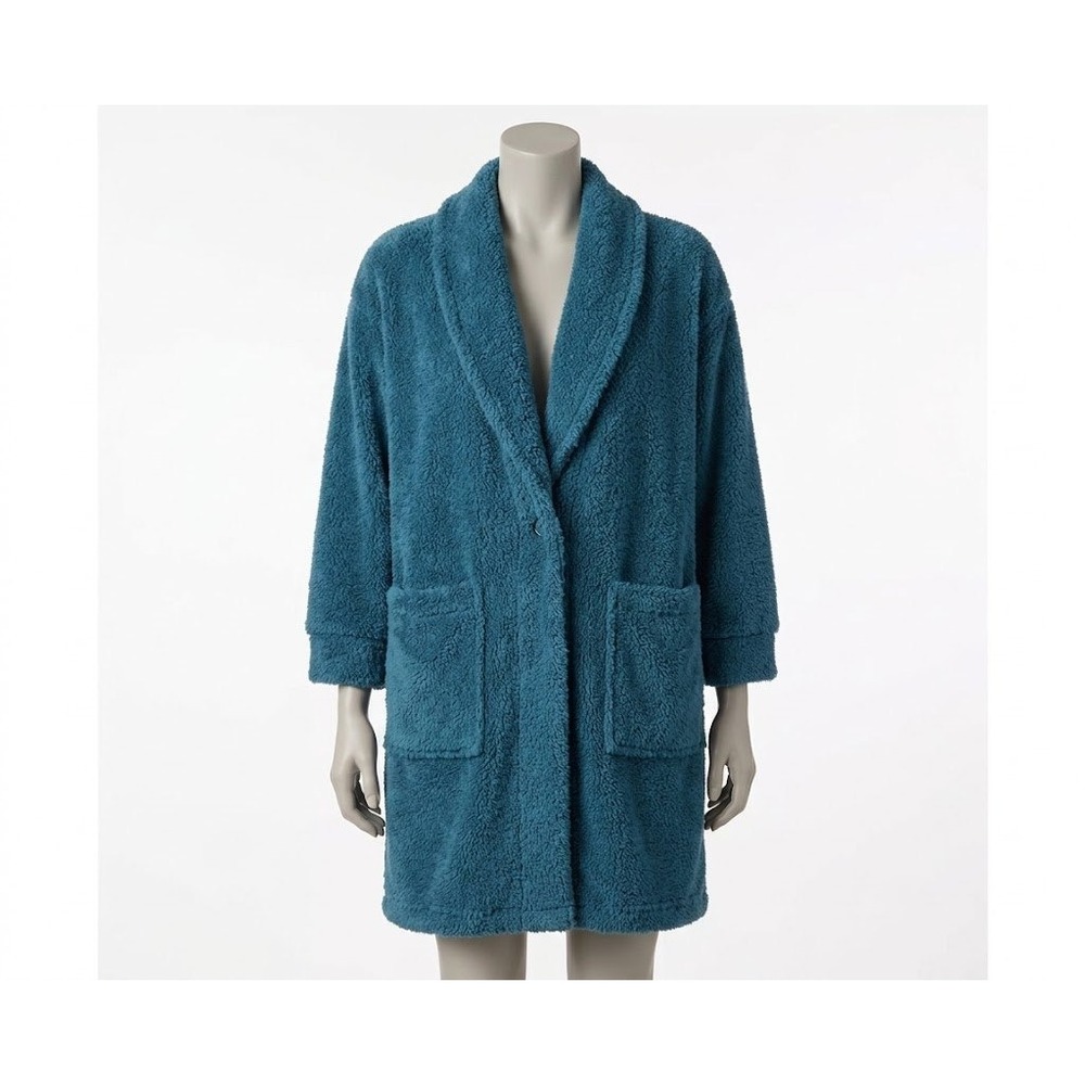 Stan Herman Teal Blue Plush Fleece Lounge Robe Shawl Collar Pockets Size L